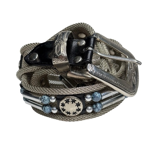 Vintage Accessories - Vintage Metal Belt Beaded Adjustable Silver Rare Western Cowgirl Rodeo Turquoise